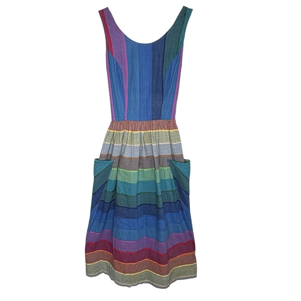 Vintage Sandy Starkman Boho Corset Back Dress XXS Cottage Art Rainbow Stripe 80s